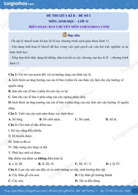 Đề kiểm tra giữa kì 2 Sinh 11 - Đề số 2 có lời giải chi tiết